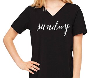 Sunday days of the week tgif unisex vneck tee tshirt t-shirt cotton handwritten script font lettering black white