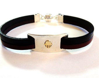 Kabbalah Leather Bracelet with 9K Yellow Gold Hamsa Engraved on Silver Plate for Men and Women - 3 Colors Available - Handmade per Order