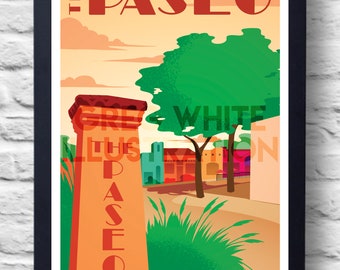 May include: A vintage-style poster advertising the Paseo, Oklahoma City's Historic Art District. The poster features a brick building with a sign that reads "The Paseo" in red letters. There are trees and a path leading to the building.