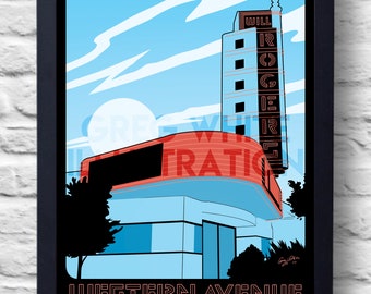 May include: A black framed illustration of a building with a red neon sign that reads "Will Rogers Theater" and the text "Western Avenue District" in red neon. The building is set against a blue sky with white clouds.