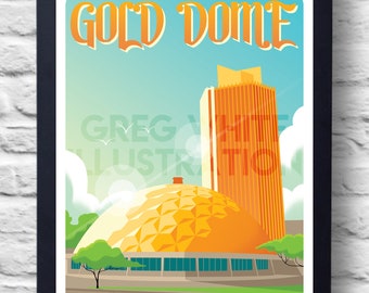 May include: A retro-style illustration of the Oklahoma City Gold Dome, a large, golden geodesic dome with a tall, orange building behind it. The text "OKC's GOLD DOME" is at the top of the image.