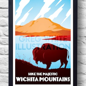 Wichita Mountains Vintage Buffalo Nature Travel Poster Print, art, retro painting, gift