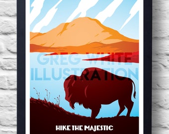 May include: A vintage-style travel poster with a blue sky, white clouds, and a mountain range in the background. A silhouette of a bison is in the foreground, with the text "Hike the Majestic Wichita Mountains" at the bottom.