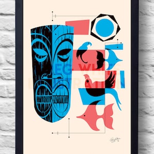 Vintage style 1960s Tiki Print, Blue Version, art, retro painting, gift