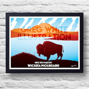 Wichita Mountains Ultrawide Horizontal Vintage Buffalo Nature Travel Poster Print, art, retro painting, gift