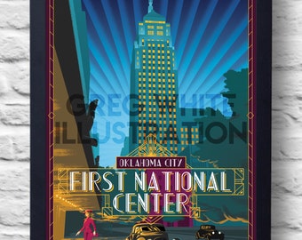 May include: A vintage-style travel poster featuring the First National Center building in Oklahoma City. The poster is illustrated in a blue, green, and gold color scheme with a woman in a red dress walking in the foreground. The text "OKLAHOMA CITY FIRST NATIONAL CENTER" is featured in a bold, art deco font.