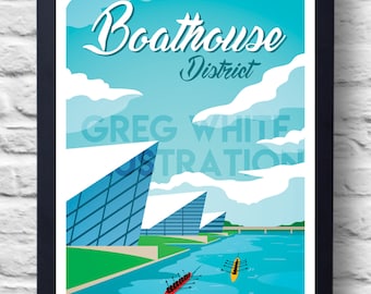 May include: A retro-style travel poster for the Boathouse District in Oklahoma City. The poster features a blue and white illustration of the Oklahoma River with rowers in a boat. The text "Visit Oklahoma City's Beautiful Boathouse District" is at the top of the poster. The text "Greg White Illustration" is at the bottom of the poster.