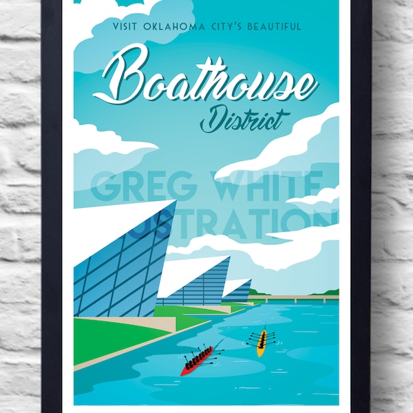 Oklahoma City Boathouse District Vintage Travel Poster Print, art, retro painting, gift