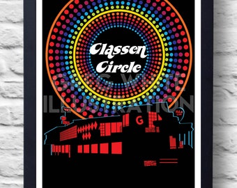 May include: A black and white illustration of the Classen Circle in Oklahoma City. The illustration features a rainbow-colored circle of dots above a silhouette of a building with the text "Classen Circle" in the center of the circle.