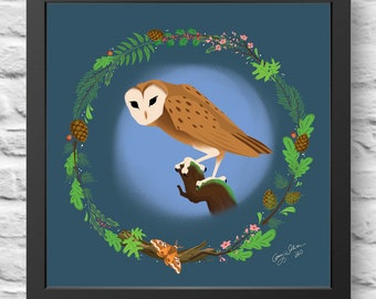 Owl Painting, art, retro painting, gift, nursery, print