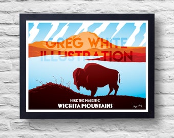 Wichita Mountains Horizontal Vintage Buffalo Nature Travel Poster Print, art, retro painting, gift