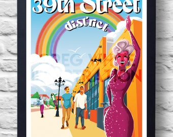 May include: A colorful illustration of a street scene in Oklahoma City's 39th Street District. The illustration features a rainbow arch, a woman in a pink dress, and people walking down the street.