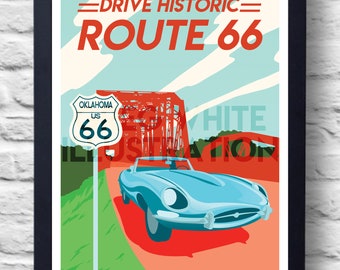 Route 66 Vintage Travel Poster Print, art, retro painting, gift