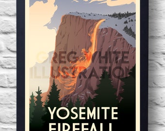 Yosemite Firefall Vintage Travel Poster Print, art, retro painting, gift