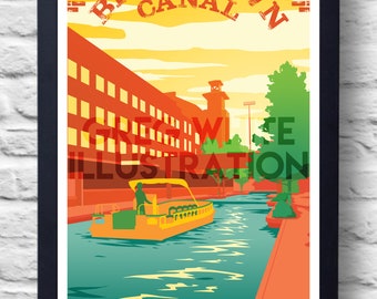 May include: A colorful illustration of a canal in Bricktown, Oklahoma. The illustration features a boat with passengers on the canal, buildings on either side, and the text "Bricktown Canal" in a distressed font.