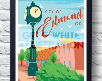 May include: A vintage-style illustration of the city of Edmond, Oklahoma. The illustration features a clock tower with a blue sky and white clouds in the background. The text "EXPERIENCE THE BEAUTIFUL CITY OF Edmond OK" is written in red and white.