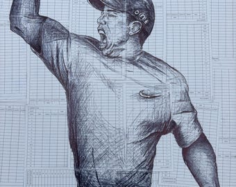 Tiger Woods Pen and Ink Portrait on Golf Score Cards