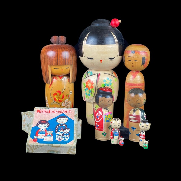 Collection de 9 poupées Kokeshi vintage, y compris des poupées gigognes vintage dans une boîte d'origine, un cadeau merveilleux !