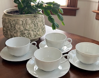 Set of 4 Hutschenreuther RACINE All White Coffee Tea Cup and Saucer Sets - Multiple Sets Available!