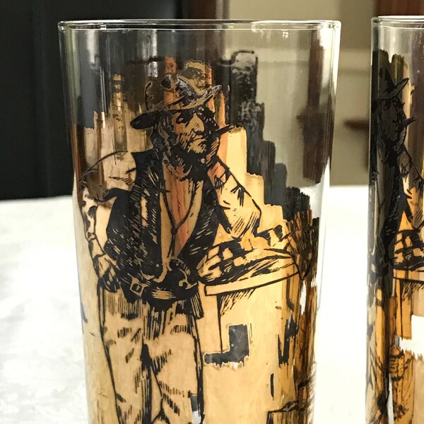 RESERVEd for TIFFANY Scarce Charles Russell Western Cowboy Themed 24 K Gold Cocktail Highball Barware Glasses (8) - Vintage MCM Colson Glass
