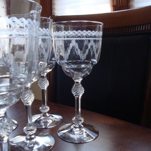 Fostoria CASTLE Needle Etched #87 Water Goblets with Cut Ball #6007 Stems (6)!