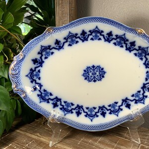 Antique WH Grindley & Co CELTIC 15” Flow Blue Platter with Gold Trim - English Staffordshire
