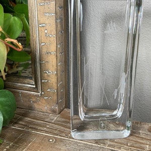 Bengt Edenfalk Skruf Sweden BON VOYAGE Signed Clear Art Glass Vase - 7-3/8” Etched Mother and Child - Sailing Vessel