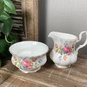 Royal Albert MOSS ROSE Open Sugar Bowl and Creamer / Milk Jug - Montrose Shape - English Bone China