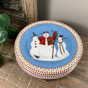 Four (4) Sakura SNOWMAN Salad Plates - Four Different Scenes - Debbie Mumm Whimsical Holiday Dinnerware -  Snowmen and Birds