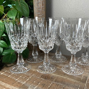 Two (2) Stuart 7-1/4” GLENDEVON Crystal Water Goblets - Cut Criss Cross and Vertical Cuts with Starburst Foot - England