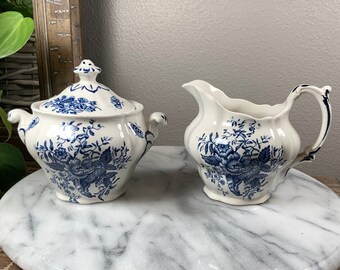 Booths PEONY Blue Sugar and Creamer / Milk Jug Set - Blue and White Transferware - England