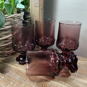 Four (4) Franciscan Tiffin 5-1/2&quot; MADEIRA Wine or Water Goblets - Plum / Purple / Amethyst with Floral Footed Stem - 70’s Mod Stemware