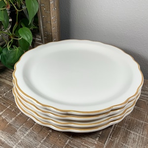 Four (4) Homer Laughlin CAROLYN STYLELINE Mustard 10-1/2&quot; Dinner Plates Scalloped Rim - Yellow/Gold Trim - Restaurant Ware / Diner Ware 70s