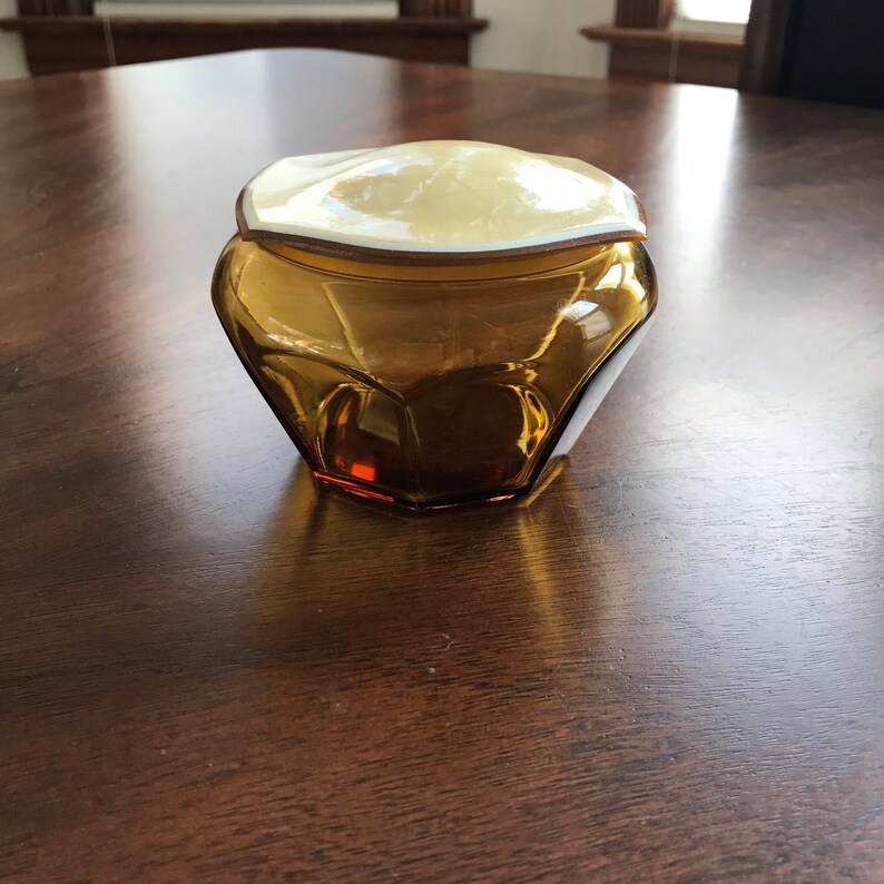 Depression Glass Amber Puff or Powder Jar Dresser Jar Vanity Etsy