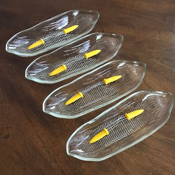 Clear Glass Embossed Sweet Corn Boats with Yellow Plastic Holders (4)!