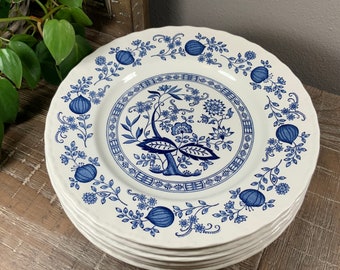 Six (6) Enoch Wedgwood 10” BLUE HERITAGE Dinner Plates - Blue and White Transferware - Genuine Hand Engraving - England