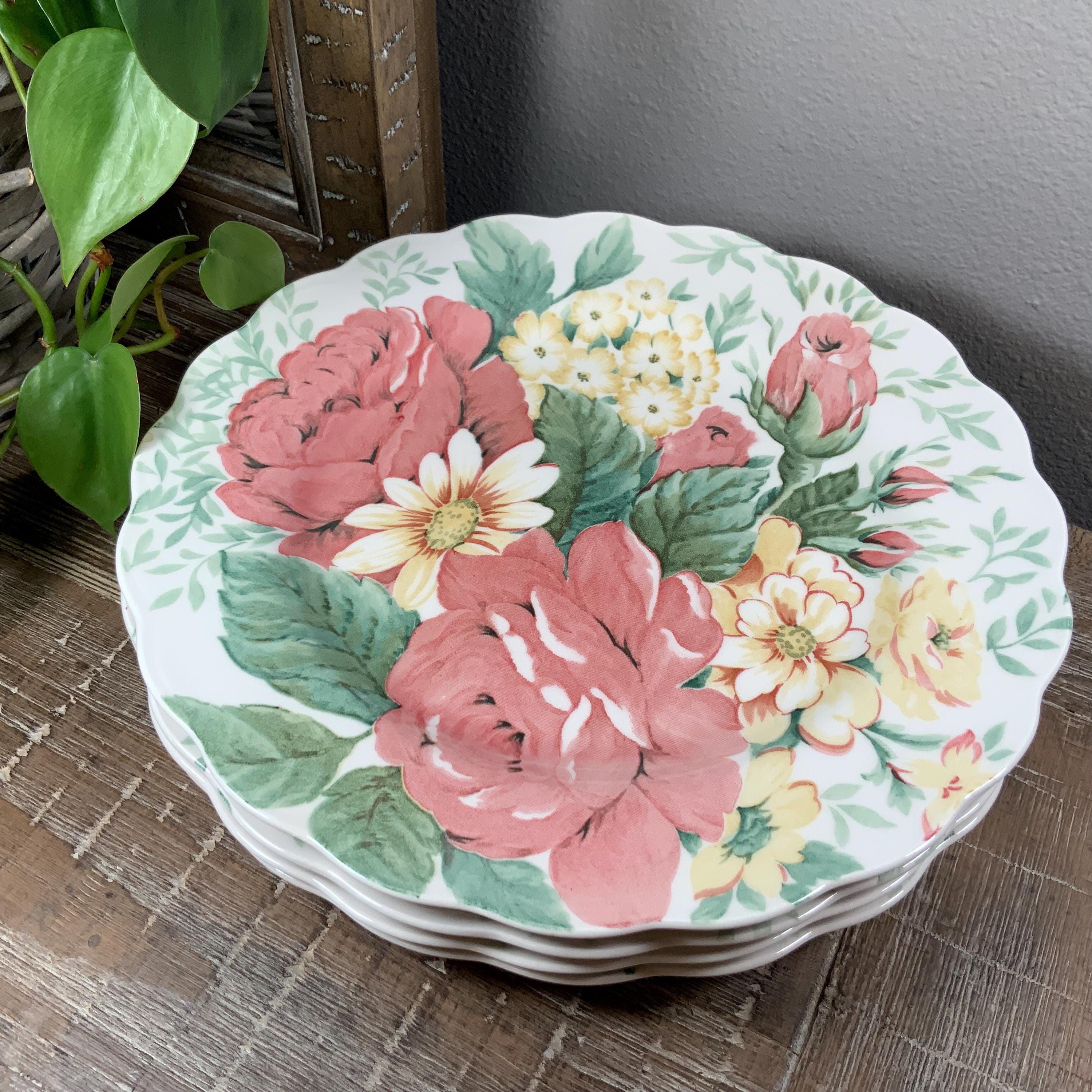 Four (4) Nikko ENGLISH GARDEN 10-7/8” Dinner Plates - Pink and