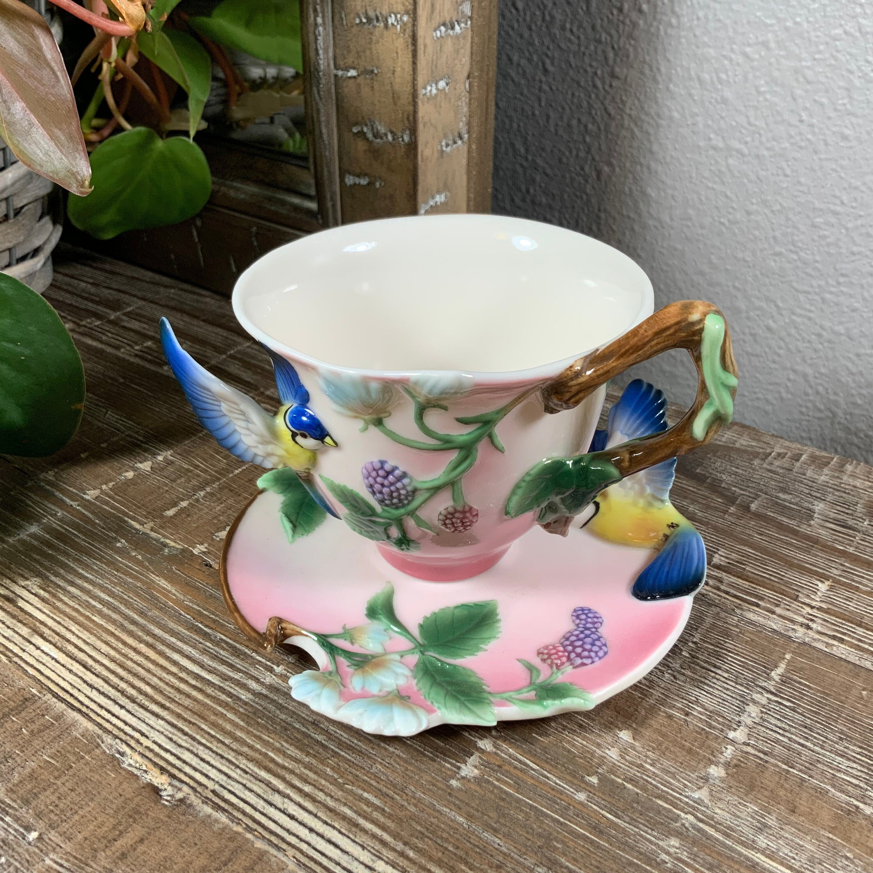 Franz Porcelain BLUEJAY and BLUE BERRY Cup and Saucer Set