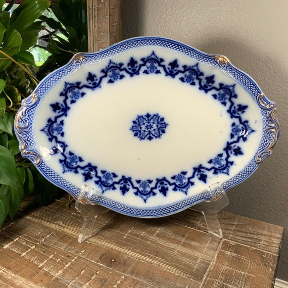 Antique WH Grindley & Co CELTIC 15” Flow Blue Platter With Gold