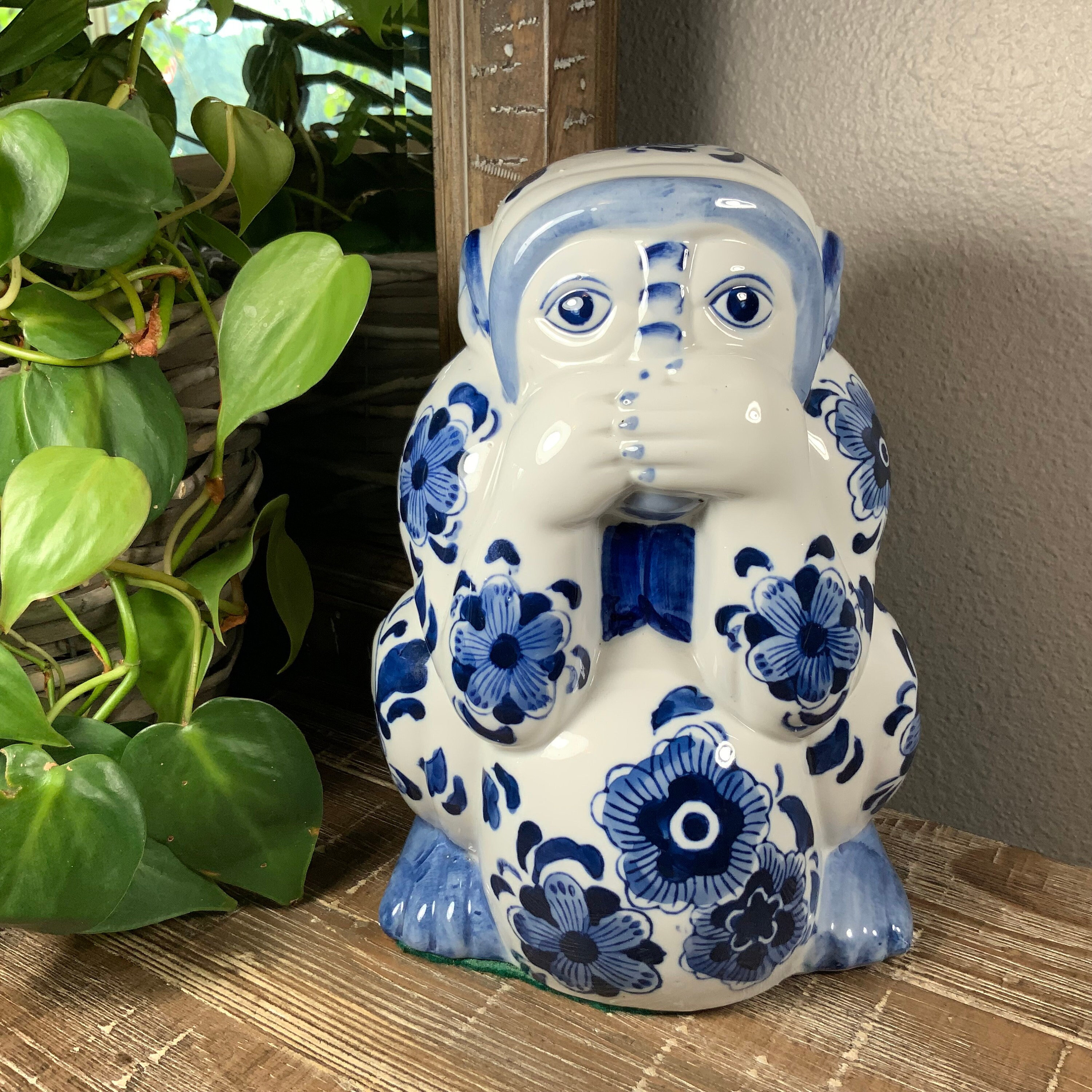 Monkey SPEAK NO EVIL Figurine - Vintage Blue and White Floral