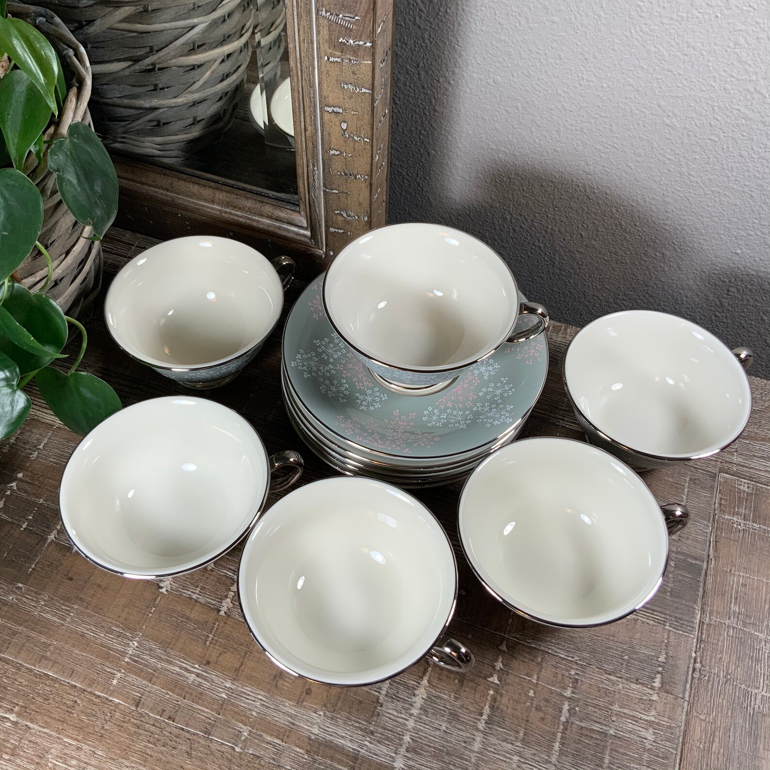 Six (6) Castleton China LACE Cups and Saucers - Pink and White Floral ...