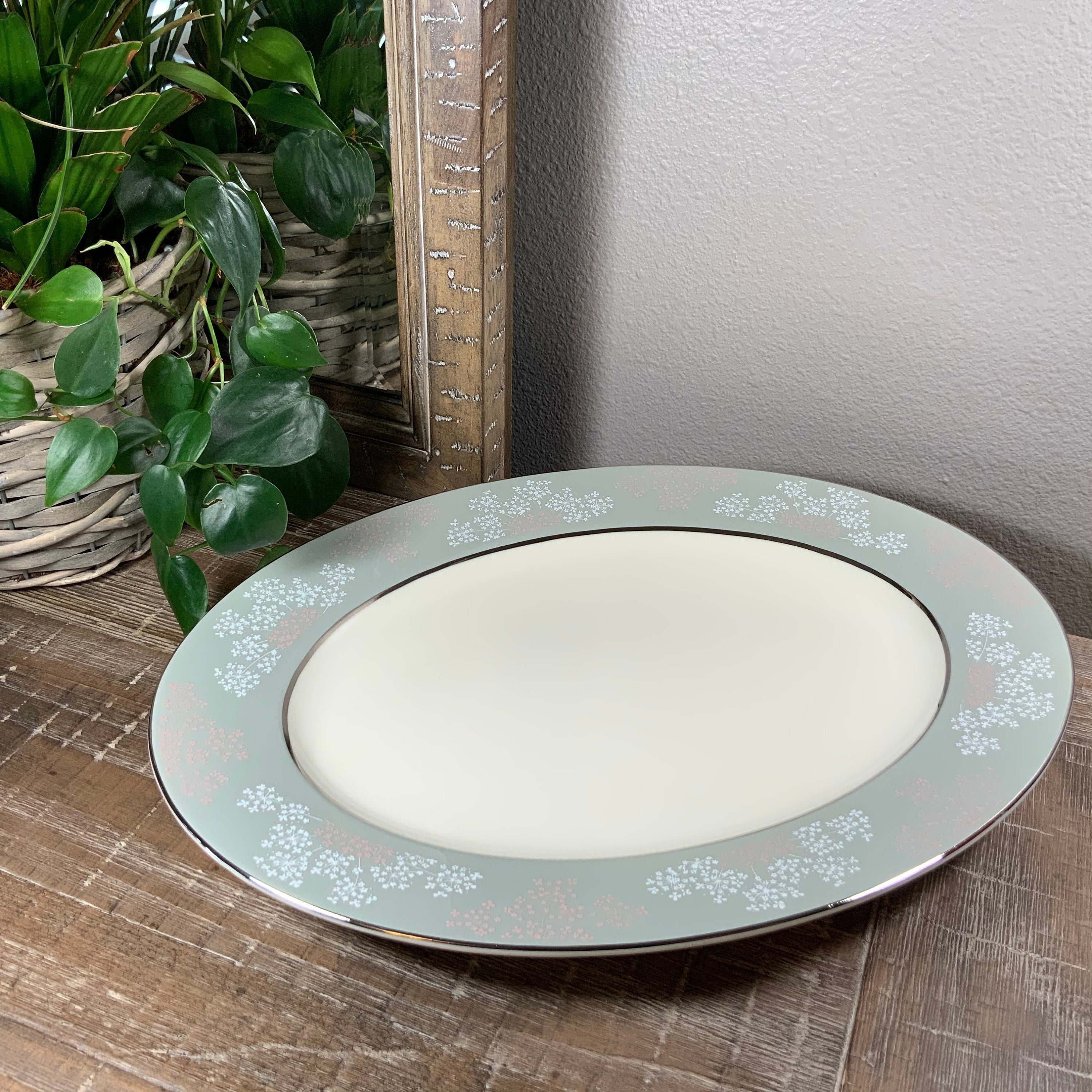 Castleton China LACE 15” Oval Platter - Pink and White Floral on Gray ...