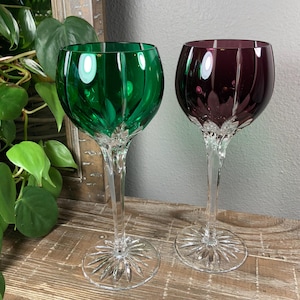 Choice - Ajka CASTILLE ALBINKA  Jewel Tone Wine Hock / Wine Goblet - Vertical Cuts - Hand Made In Hungary - Select Emerald or Amethyst