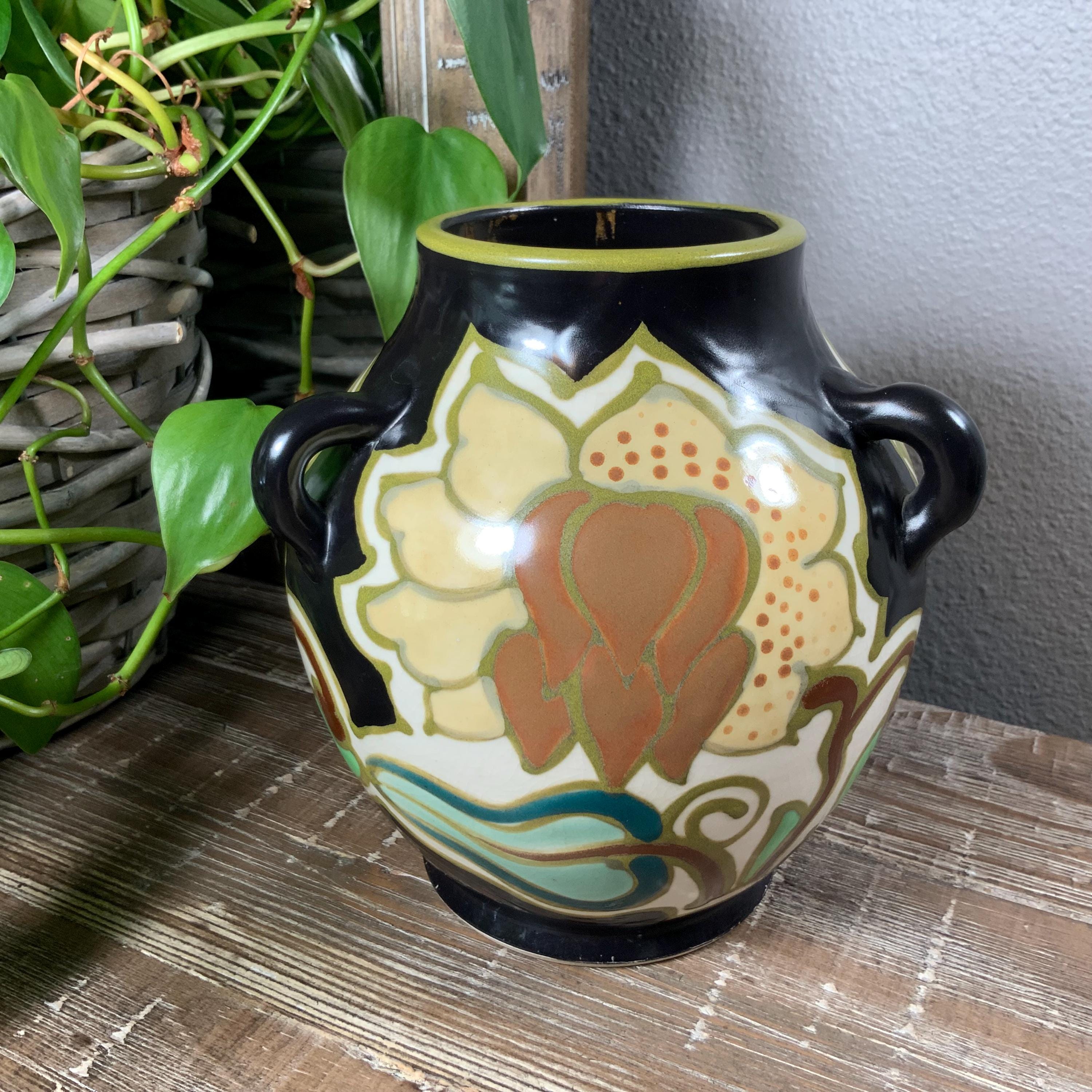 Japanese Hongan Ware Triple-handled Floral Pottery Vase - Black