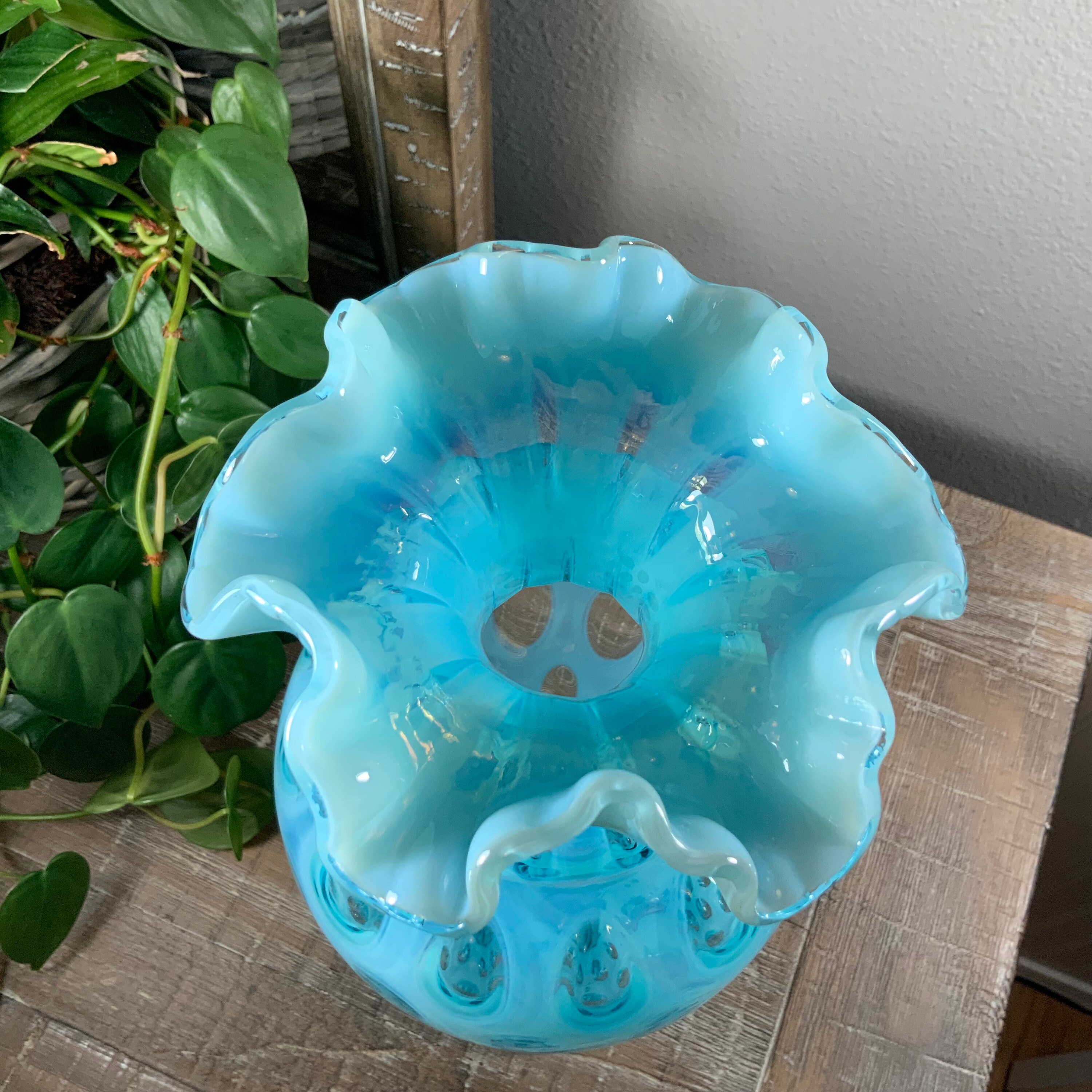 Fenton 13” COIN DOT BLUE Opalescent 194 Crimped Vase 1947-1949 - Etsy