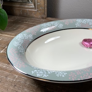 Castleton China LACE 10” Oval Vegetable Serving Bowl - Pink and White Floral on Gray