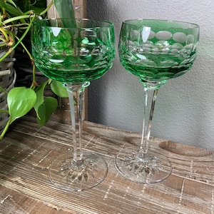 Two (2) Gorgeous Josephinenhütte Emerald Green Jewel Cut to Clear Lead Crystal Wine Goblets - Oval Cut Windows - Starburst Foot (6 Avail.)
