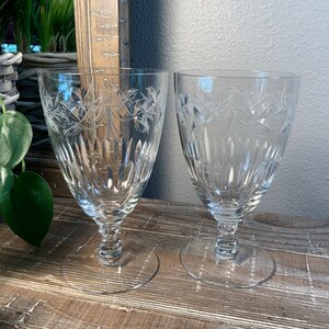 Two (2) Cambridge IVY Crystal Iced Tea / Water Goblets - Stem 3750 - Polished Gray Cut Leaves with Vertical Oval Cuts