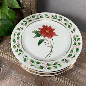 Cuatro (4) platos para ensalada con detalles de flor de Pascua HOLLY HOLIDAY de Royal Limited: vajilla elegante para las fiestas - Grandes almacenes May
