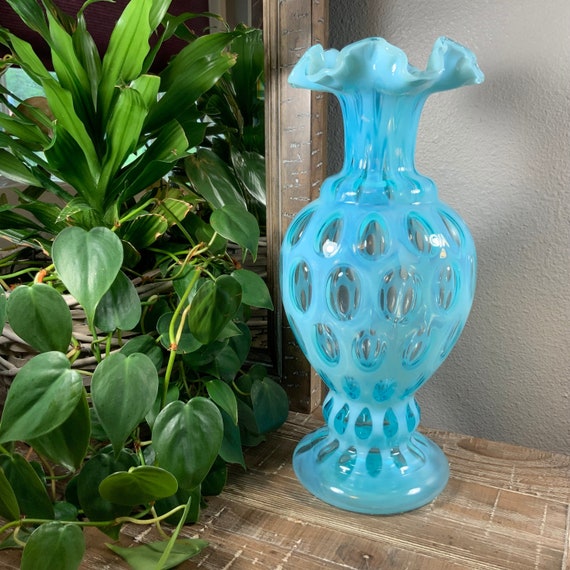 Fenton 13” COIN DOT BLUE Opalescent 194 Crimped Vase 1947-1949 - Etsy